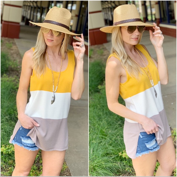 Infinity Raine Tops - Colorblock Knit tank-mustard Infinity Raine Tops - Colorblock Knit tank-mustard